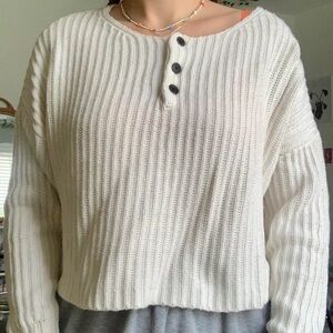 American Eagle Outfitters Womens White Ribbed Knit Henley‎ Sweater Size L